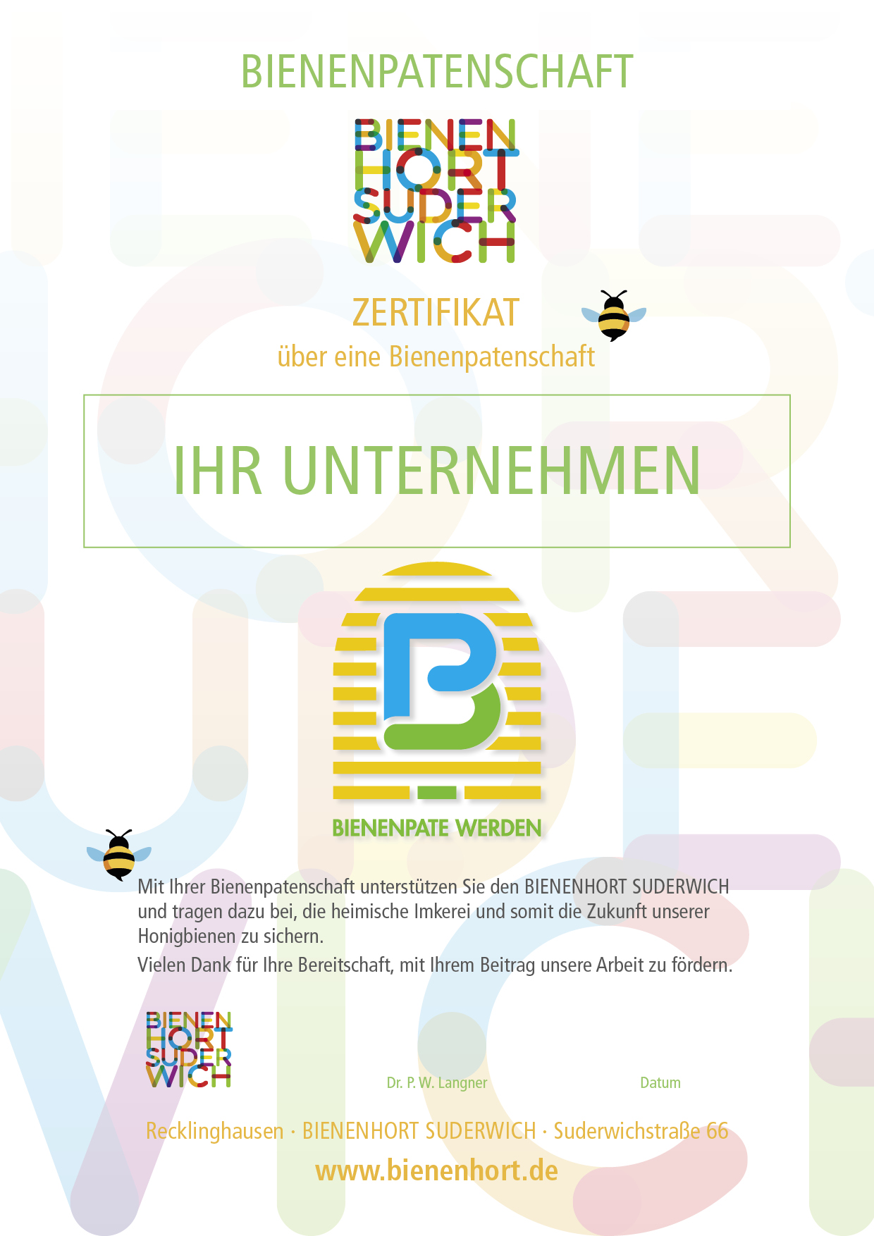 Urkunde Bienenpatenschaft BIENENHORT SUDERWICH Recklinghausen für Unternehmen
